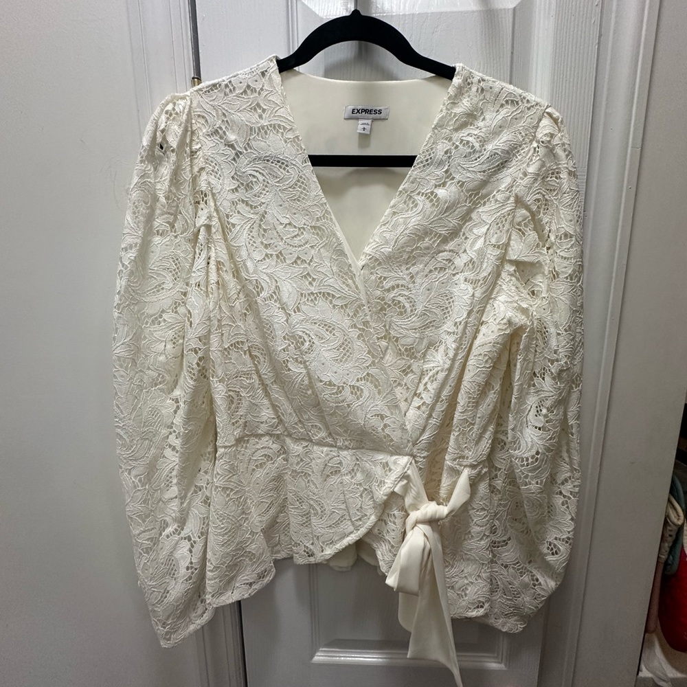 Express Women's Ivory Lace Tie Blouse